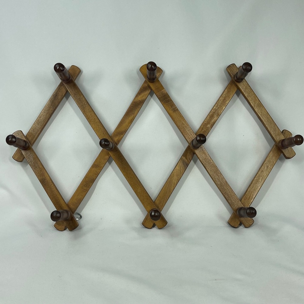 Vintage Wood Accordion Wall Rack 10 Peg Expandable Hat Mug Organizer 11.5"